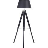 Staande lamp zwart polykatoen lampenkap houten poten 143 cm tripod modern industriele stijl