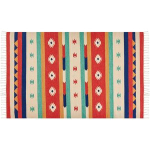 Kelim vloerkleed meerkleurig katoen 140 x 200 cm handgeweven tapijt wandtapijt geometrisch patroon omkeerbaar franjes