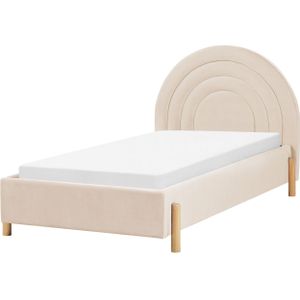 Bed beige fluweel eenpersoonsformaat 90 x 200 cm minimalistisch retro ontwerp opbergruimte halfrond hoofdbord