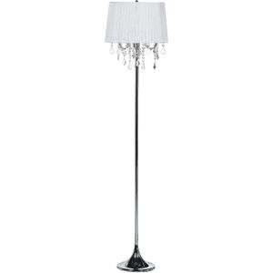 Staande lamp wit metaal 170 cm 3 lichts stoffen lampenkap met acryl kristallen kroonluchter glamour