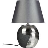 Tafellamp zilverkleurig keramische voet faux zijde grijze kap nachtkastje lamp