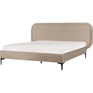 EU kingsizebed beige fluweel 160x200 gestoffeerd frame hoofdsteun