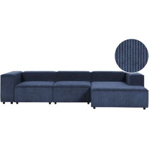 Modulaire linkszijdige bank blauw corduroy driezitsbank hoekbank met zwarte poten modern woonkamer