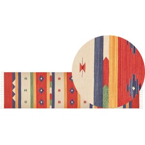 Klim vloerkleed multicolour katoen 80 x 300 cm cut shuttle handgeweven vloerkleed wanddeken geometrisch omkeerbaar patroon kwastjes