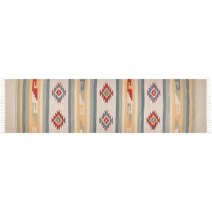 Kelim vloerkleed beige bruin katoen 80 x 300 cm handgeweven tapijt wandtapijt geometrisch patroon omkeerbaar franjes