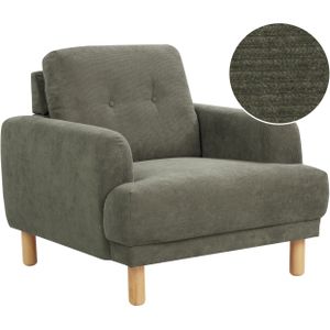 Fauteuil donkergroen corduroy stof bekleed rugleuning houten poten modern minimalistisch woonkamer