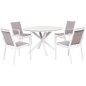 Tuinset 4-zits wit aluminium ronde tafel met taupe keramisch glas tafelblad grijze stoelen met latten ontwerp modern