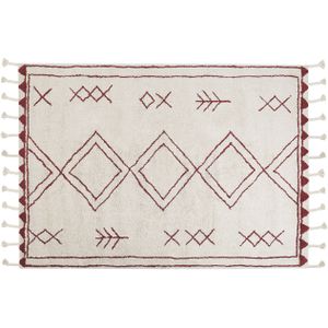 Tapijt Wit Rood Katoen Wol 160 x 230 cm Geometrisch Patroon Runes Tribal Kwasten Oriëntaals Vloerkleed