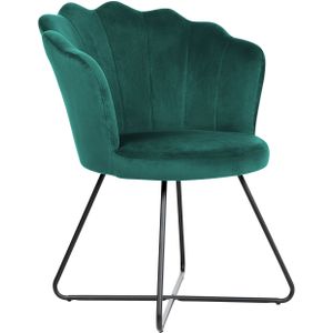 Fauteuil groen fluweel gestoffeerd schelpen rugleuning vintage klassiek ontwerp zwart metalen frame