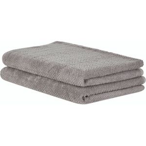 Set van 2 badlakens handdoeken grijze badstof katoen 100 x 150 cm chevron patroon textuur badhanddoeken