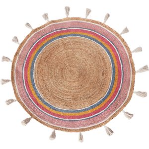 Kindervloerkleed meerkleurig jute ø 120 cm rond handgeweven decoratieve franjes boho stijl woonkamer slaapkamer kinderkamer