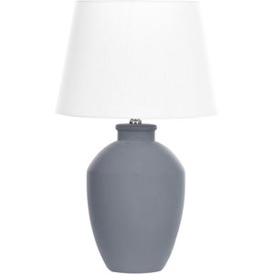 Tafellamp grijs keramieken voet linnen trommelvormige kap minimalistisch ontwerp