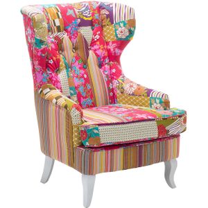 Wingback stoel veelkleurig stof patchwork fauteuil knoop getufte houten poten