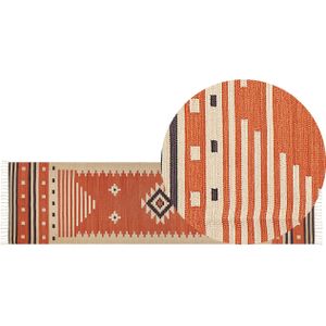 Kelim vloerkleed oranje katoen 80 x 300 cm omkeerbaar geometrisch patroon met kwastjes rechthoekig traditioneel