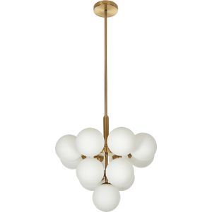 Hanglamp messing metaal 100 cm 13 lampen witte glazen lampenkappen glamour kroonluchter