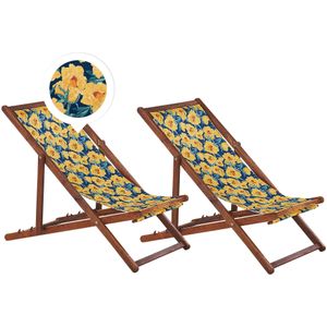 Set van 2 Tuinstoelen Donker Acacia Hout Bloemmotief Stof Hangmat Stoel Liggende Opvouwen