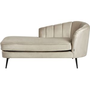 Chaise longue beige fluweel zwarte poten rugleuning rechtszijdig modern ontwerp woonkamer meubels
