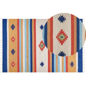 Kelim vloerkleed meerkleurig katoen 200 x 300 cm handgeweven omkeerbaar laagpolig geometrisch patroon met franjes traditioneel boho