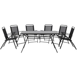 Tuinset tafel en 6 stoelen zwart glas/staal textiel 7-delig opklapbaar modern