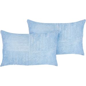 Set van 2 sierkussens blauw corduroy 47 x 27 cm gestreept patroon modern design sierkussens