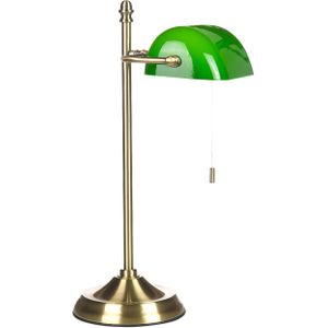 Tafellamp groen met goud metalen basis glazen lampenkap verstelbaar trekschakelaar retro stijl kantoor bureaulamp