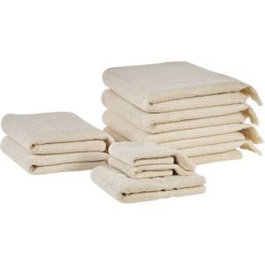 Set van 9 badhanddoeken Beige badstof katoen polyester kwastjes textuur badhanddoeken