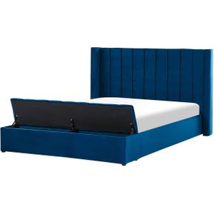Tweepersoonsbed waterbed blauw fluweel 180 x 200 cm met matras hoog hoofdbord en opbergruimte