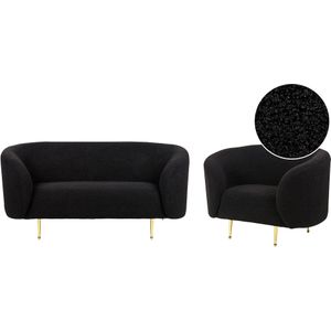 Woonkamerset zwart bouclé stof zachte teddy stof gouden poten 2-zitsbank fauteuil zetel retro glamour art deco stijl