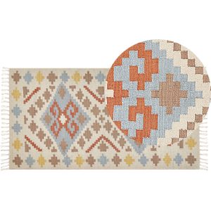 Kelim vloerkleed multicolour katoen 80 x 150 cm laagpolig geometrisch patroon met kwastjes rechthoekig traditioneel