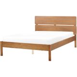 Bed lichthout rubberhout tweepersoons 140 x 200 cm met hoofdbord en lattenbodem minimalistisch rustiek