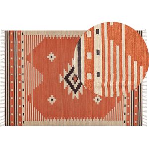Kelim vloerkleed oranje katoen 160 x 230 cm omkeerbaar geometrisch patroon met kwastjes rechthoekig traditioneel