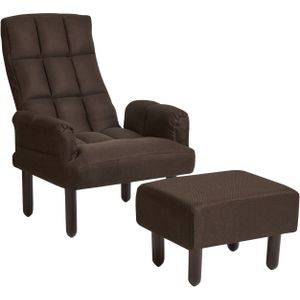 Relaxfauteuil bruine linnen stof 65L x 65B x 92H cm ottomaan voetenbankje gewatteerde houten poten