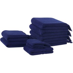 Set van 9 badhanddoeken marineblauw badstof badstof katoen polyester kwastjes textuur badhanddoeken