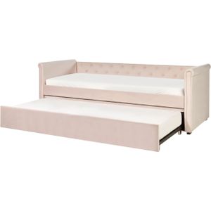 Bedbank uittrekbaar bed fluweel pastelroze 80 x 200 cm uitschuifbare bekleding met lattenbodem knoopsluiting praktisch modern