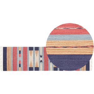 Kelim vloerkleed multicolour katoen 80 x 300 cm handgeweven omkeerbaar vlakgeweven geometrisch patroon met kwastjes traditioneel boho woonkamer slaapkamer