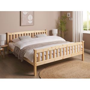 Stevig houten tweepersoonsbed frame 180 x 200 cm lattenbodem natuurlijk meubels lichthout Giverny