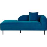 Chaise longue marineblauw fluweel tweezits rechtszijdig met sierkussens retro minimalistisch