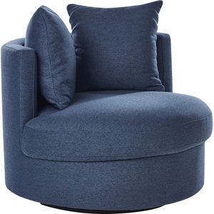 Fauteuil blauw polyester draaibaar onderstel ijzer twee kussens afneembare hoezen ronde rug moderne glam stijl woonkamer