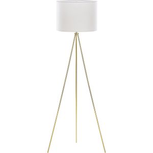 Staande lamp goud en wit metaal 148 cm ronde stoffen lampenkap driepoot minimalistisch ontwerp