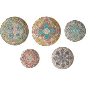 Set van 5 wanddecoratie meerkleurig licht zeegras decoratief hangende borden manden handgemaakt afrikaanse stijl
