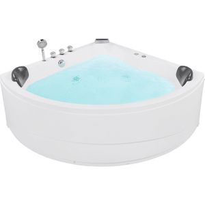 Whirlpool bad wit 140 x 140 cm LED met 7 kleuren hoekbad massagefunctie sanitair acryl driehoekig voor 2 personen elegante uitstraling modern