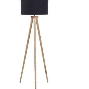 Staande lamp zwart hout 140 cm ronde stoffen lampenkap drie poten modern ontwerp