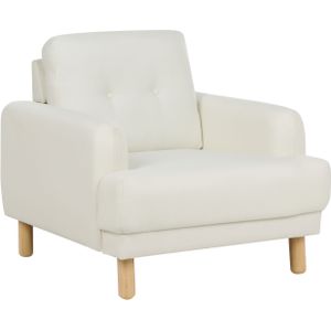 Fauteuil off-white polyester bekleding rugleuning houten poten modern minimalistisch woonkamer