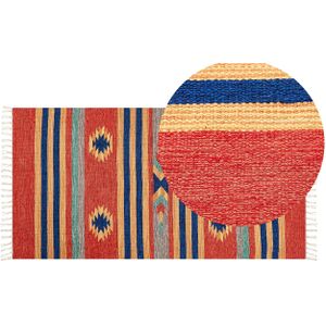 Kelim vloerkleed meerkleurig katoen 80 x 150 cm handgeweven omkeerbaar laagpolig geometrisch patroon met franjes traditioneel boho