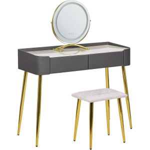 Kaptafel grijs goud MDF 2 lades LED spiegel kruk poef woonkamer meubels glam ontwerp