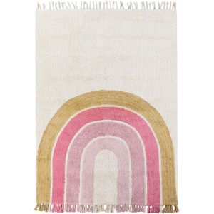 Vloerkleed beige roze katoen regenboog patroon 140 x 200 cm laagpolig voor kinderkamer speelkamer