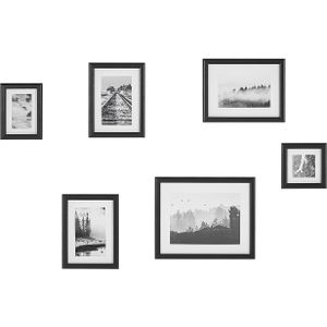 Set van 6 ingelijste foto's zwart verschillende maten moderne passpartout wanddecoratie galerijhaken