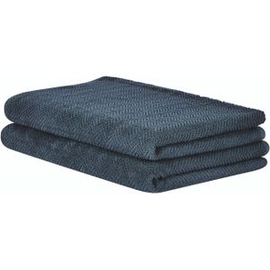Set van 2 badlakens handdoeken donkerblauw badstof katoen 100 x 150 cm chevron patroon textuur badhanddoeken