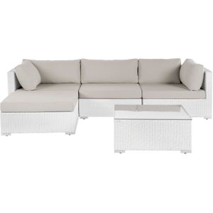 Loungeset met salontafel wit/beige kussens wicker 4-zits met salontafel