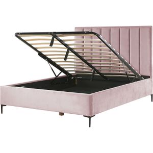 Bed frame roze fluweel tweepersoons 160 x 200 cm met opbergruimte gewatteerd hoofdbord metalen poten